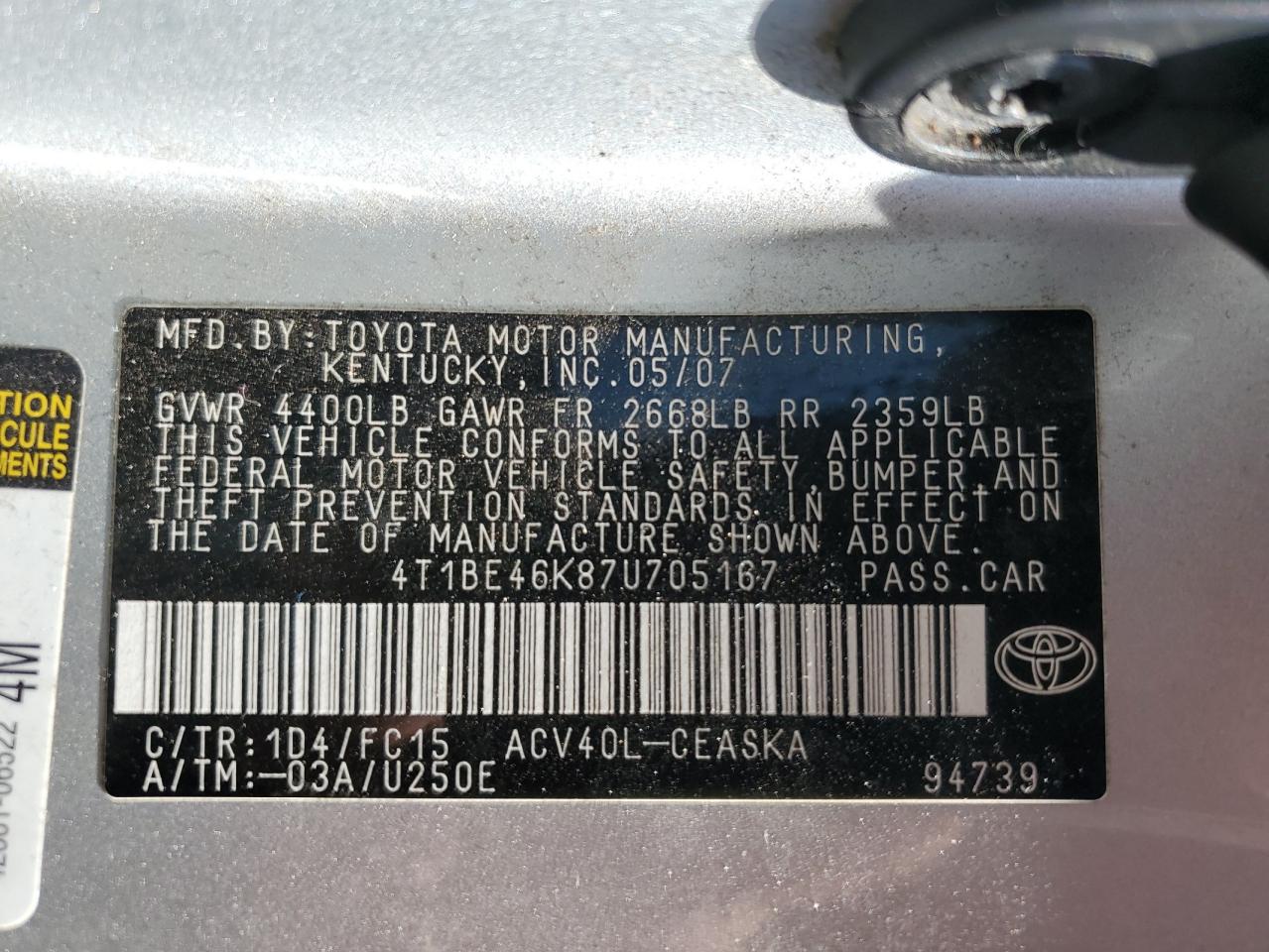 4T1BE46K87U705167 2007 Toyota Camry Ce