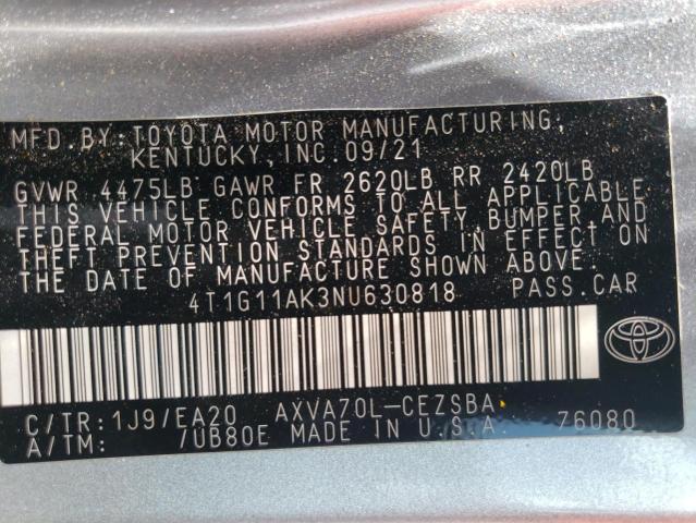 VIN 4T1G11AK3NU630818 2022 Toyota Camry, SE no.12