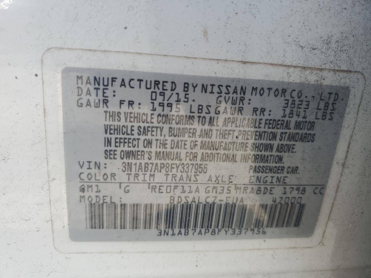 3N1AB7AP8FY337956 2015 Nissan Sentra S