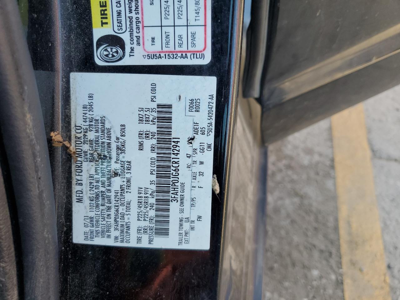 3FAHP0JG6CR142941 2012 Ford Fusion Sel