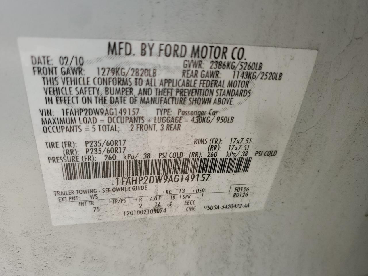 1FAHP2DW9AG149157 2010 Ford Taurus Se