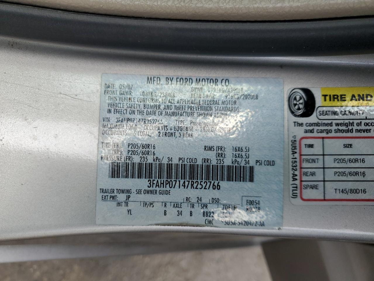 3FAHP07147R252766 2007 Ford Fusion Se