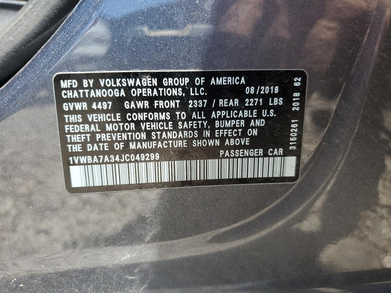 1VWBA7A34JC049299 2018 Volkswagen Passat Se