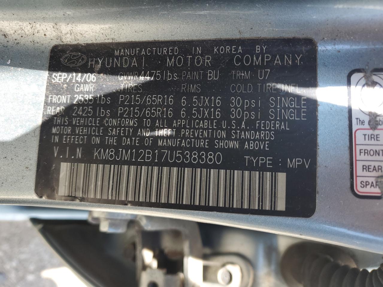 KM8JM12B17U538380 2007 Hyundai Tucson Gls