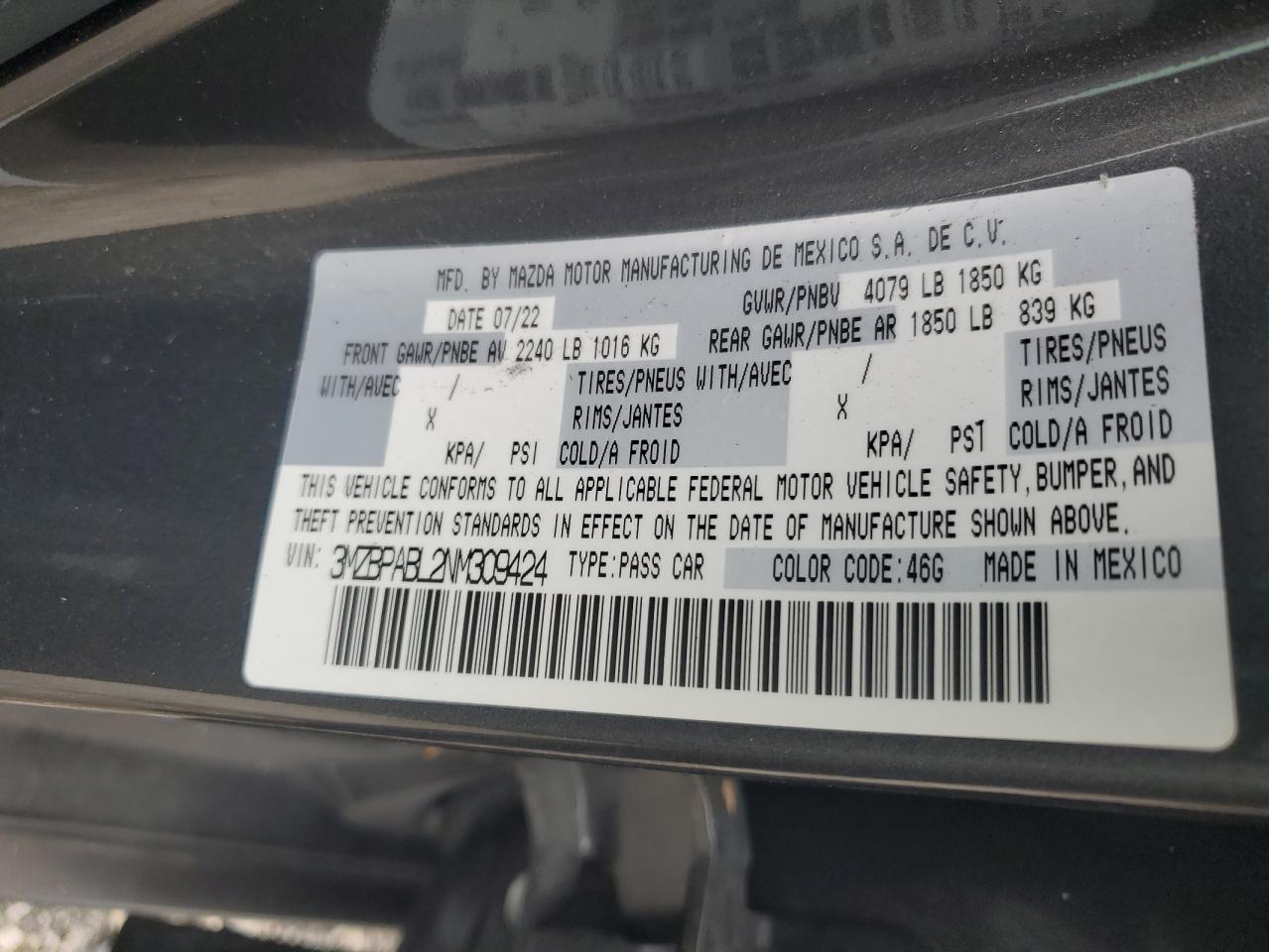 3MZBPABL2NM309424 2022 Mazda 3 Select