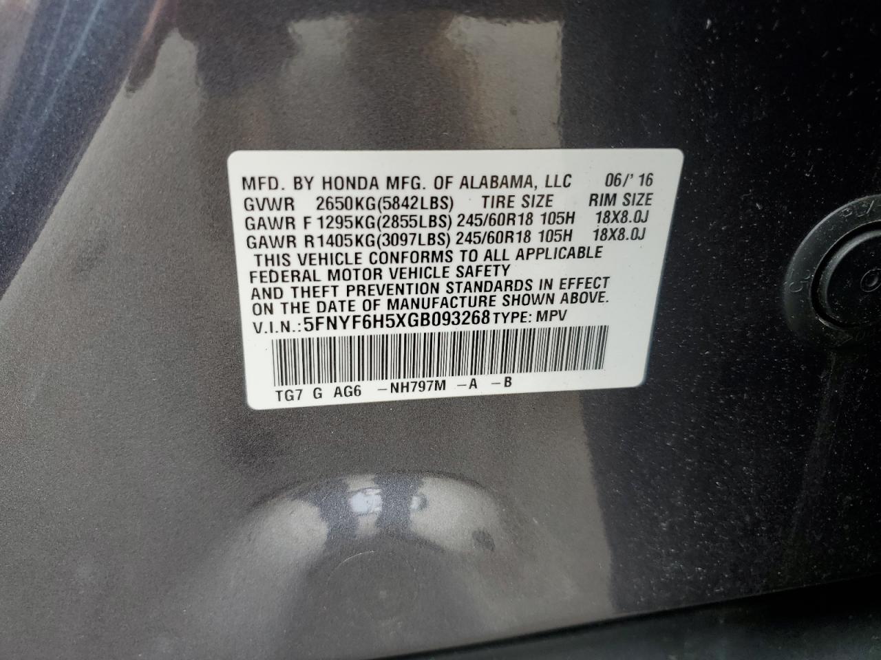 5FNYF6H5XGB093268 2016 Honda Pilot Exl