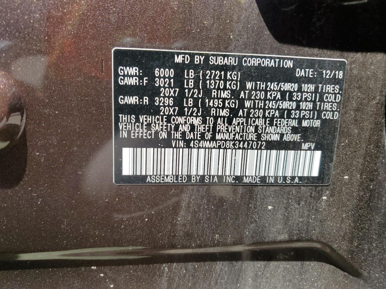 4S4WMAPD8K3447072 2019 Subaru Ascent Limited