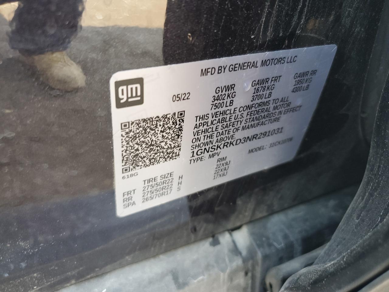 1GNSKRKD3NR291031 2022 Chevrolet Tahoe K1500 Rst