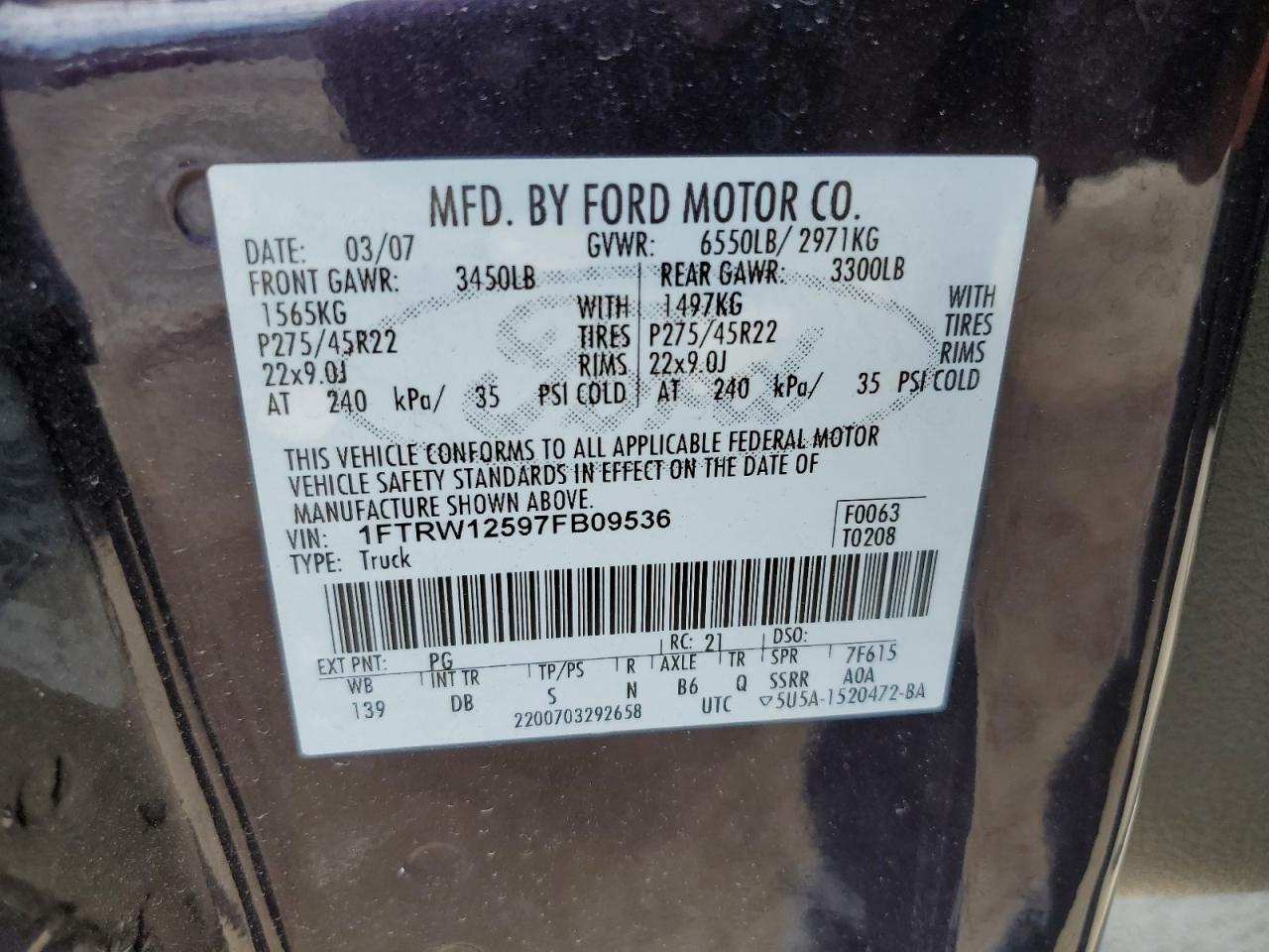 1FTRW12597FB09536 2007 Ford F150 Supercrew