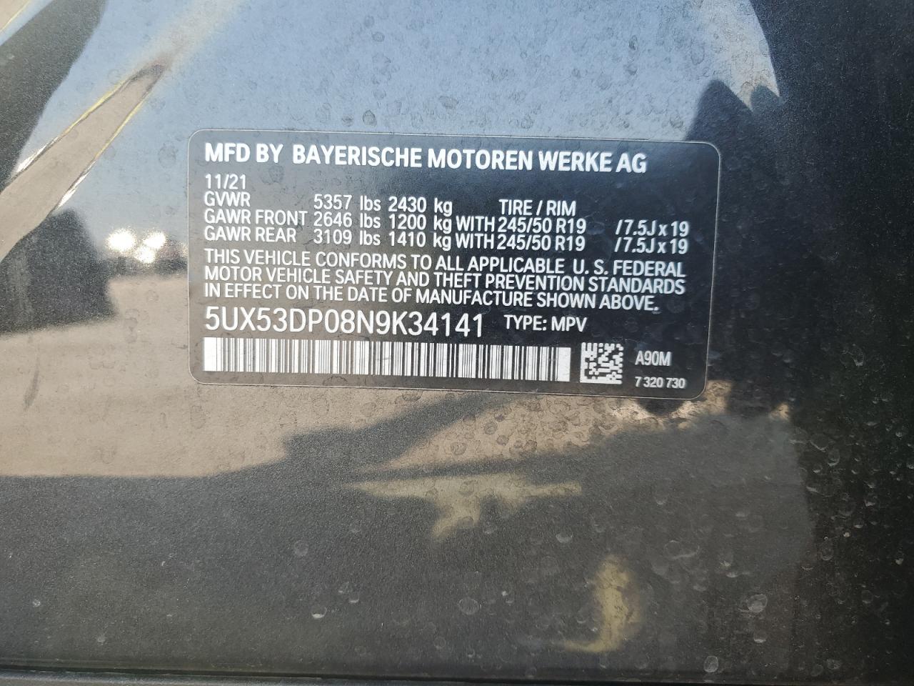 5UX53DP08N9K34141 2022 BMW X3 xDrive30I