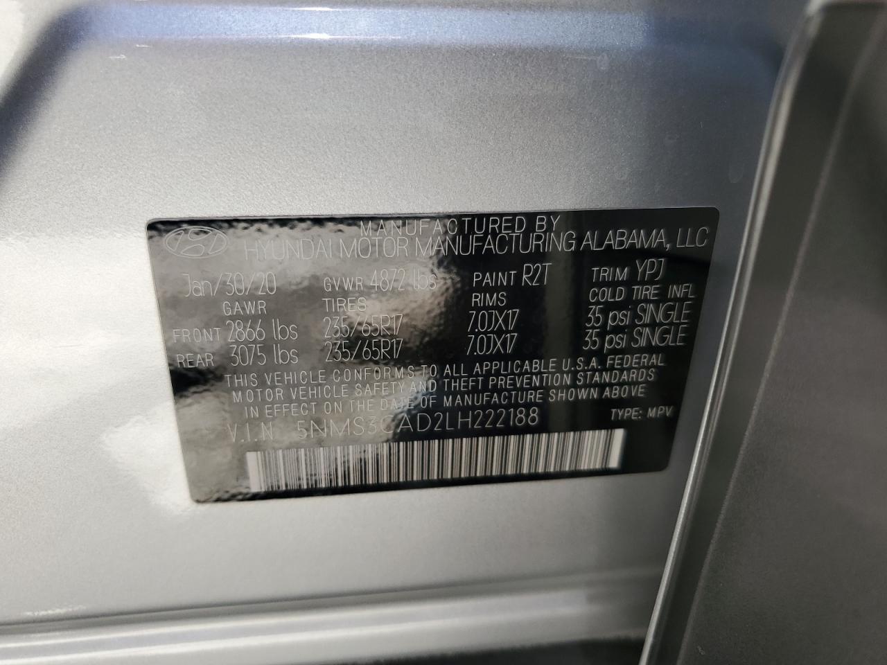 5NMS3CAD2LH222188 2020 Hyundai Santa Fe Sel