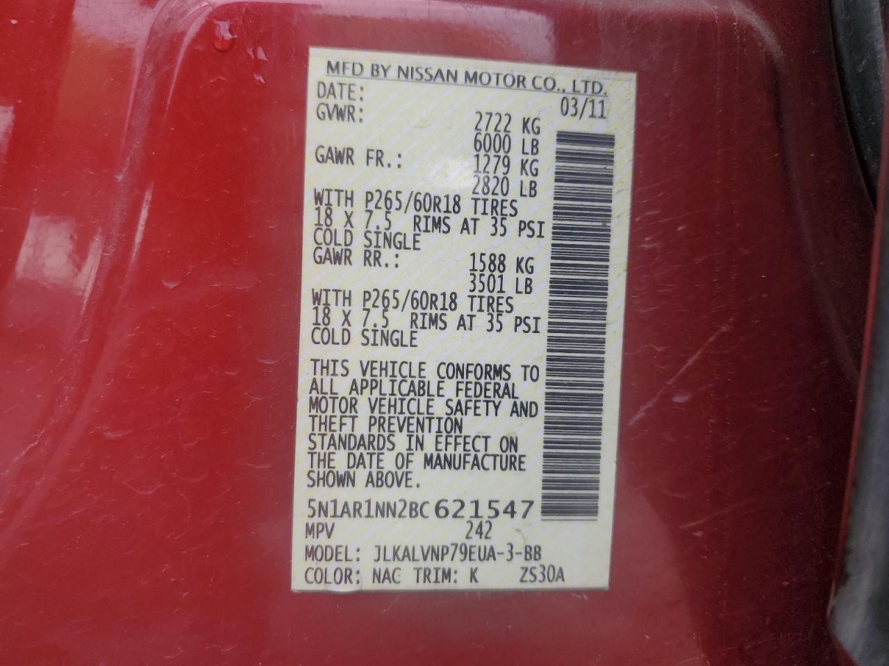 5N1AR1NN2BC621547 2011 Nissan Pathfinder S