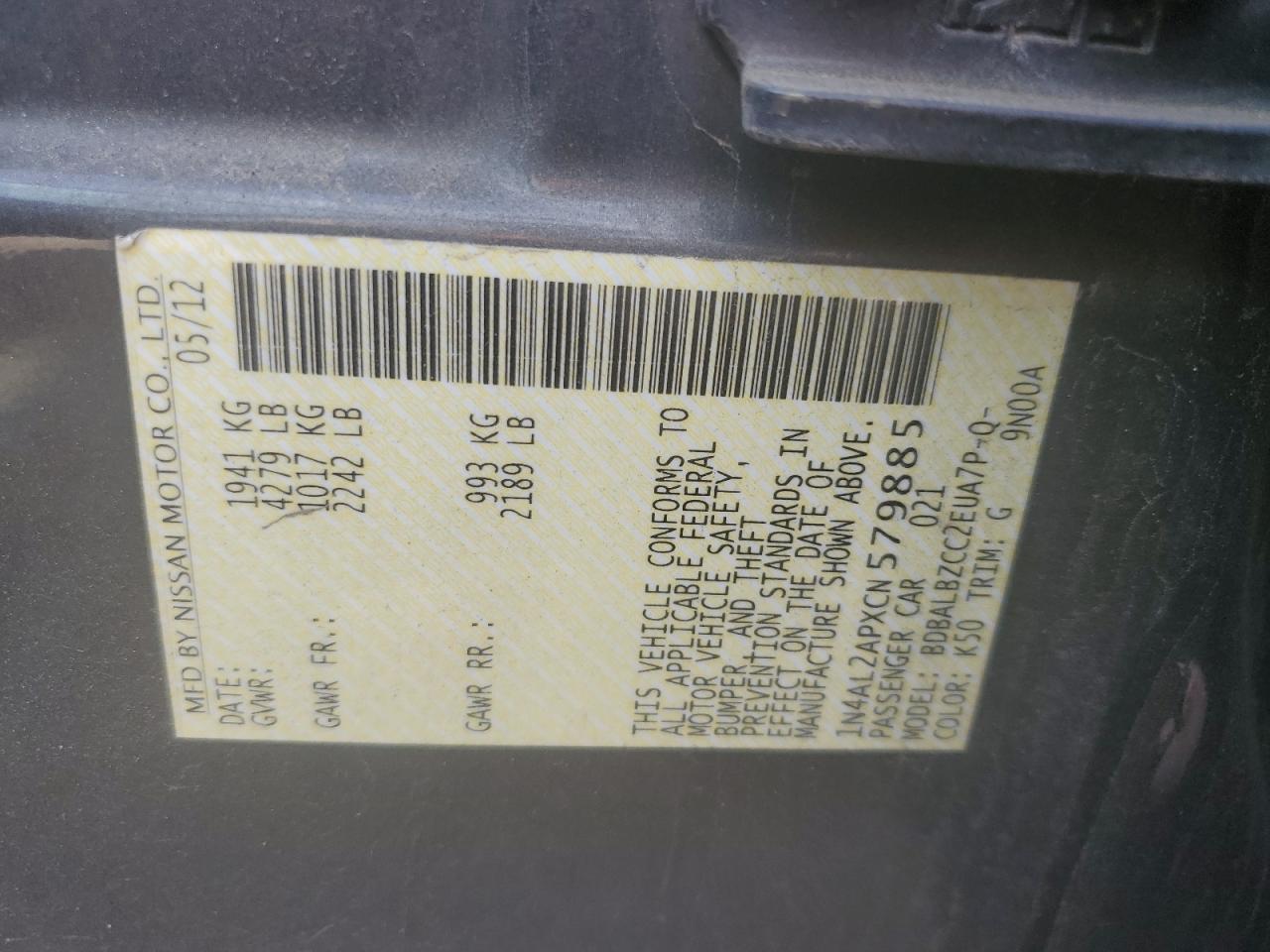 2012 Nissan Altima Base vin: 1N4AL2APXCN579885