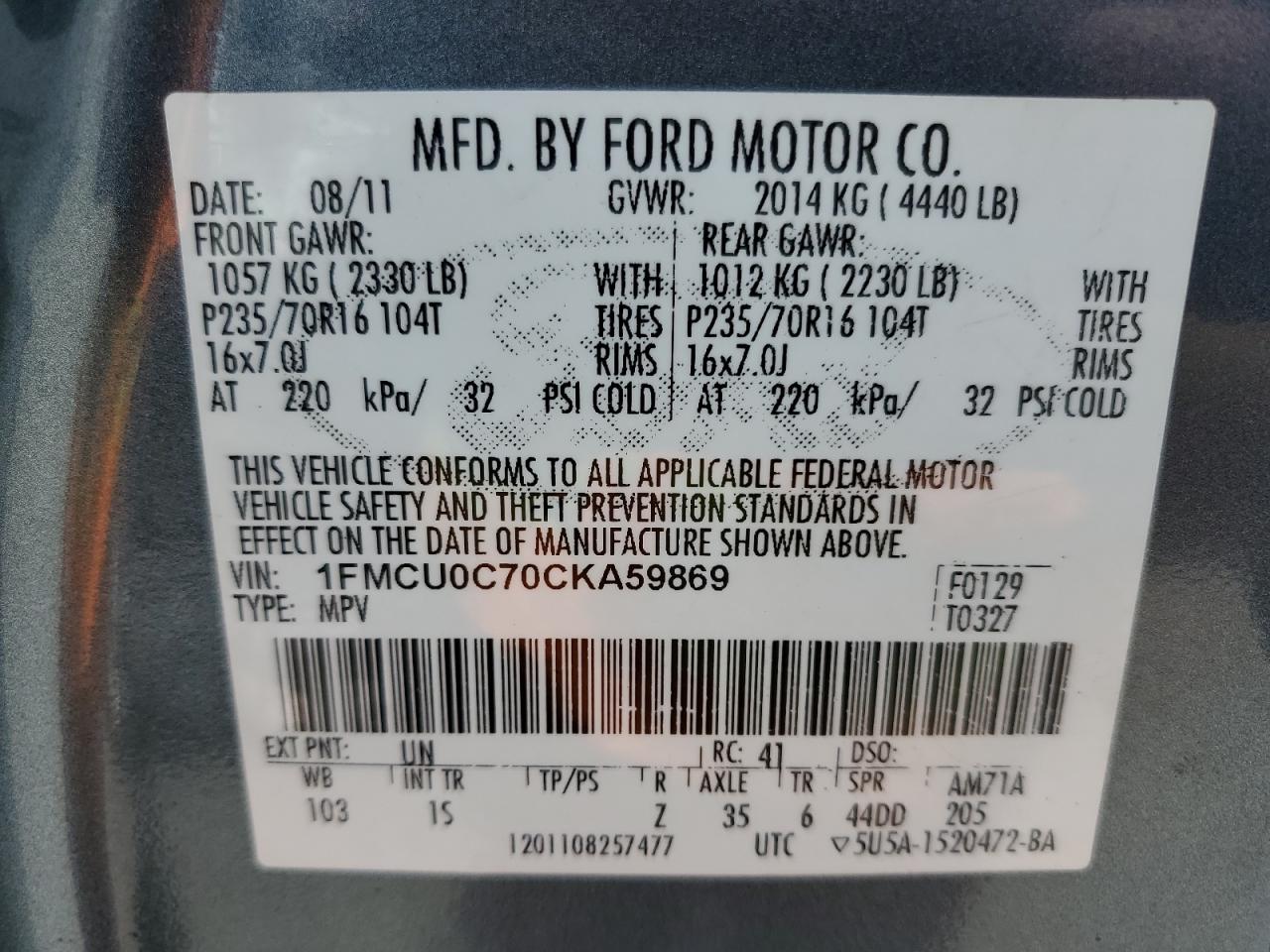 2012 Ford Escape Xls vin: 1FMCU0C70CKA59869