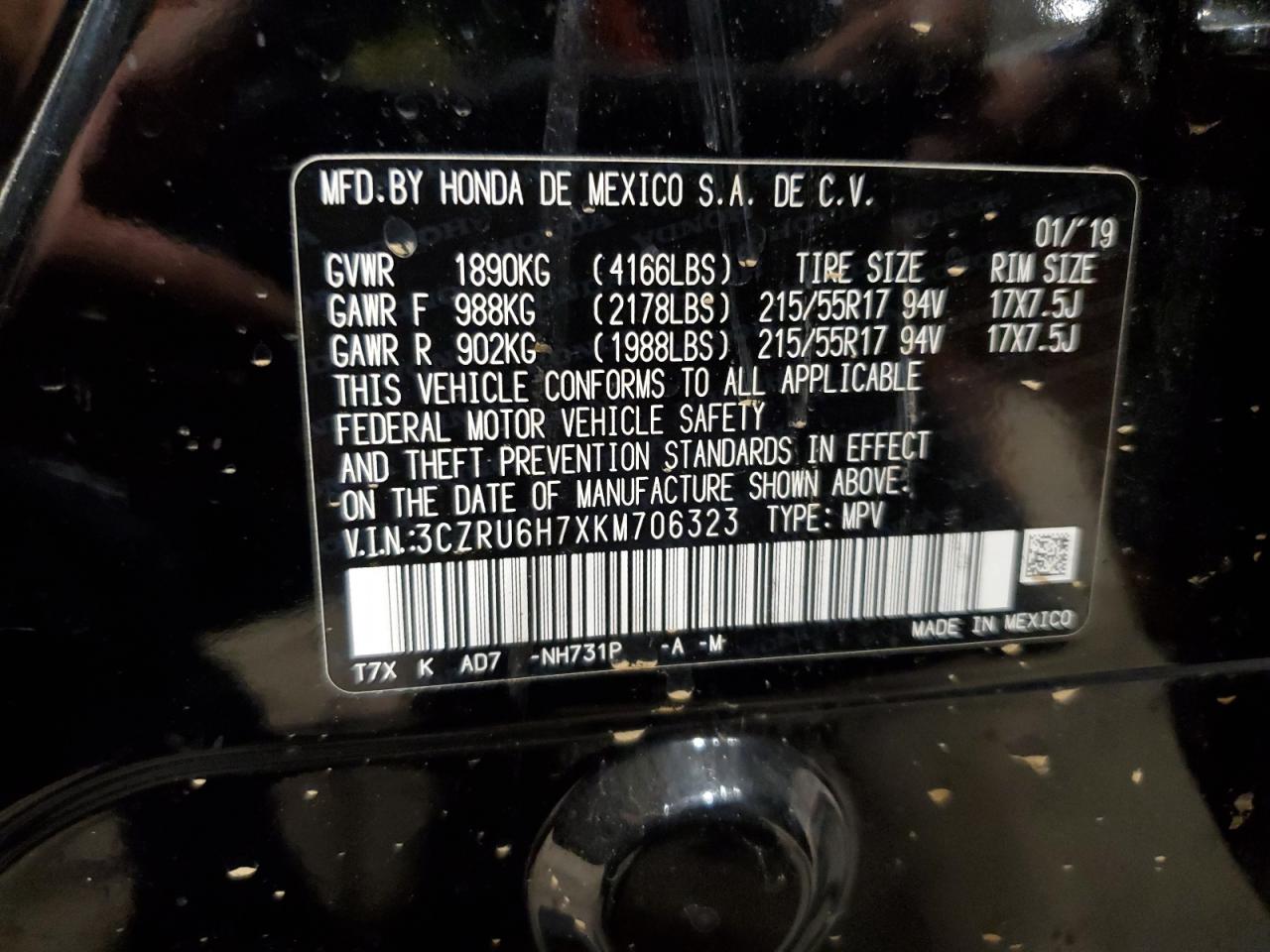 3CZRU6H7XKM706323 2019 Honda Hr-V Exl