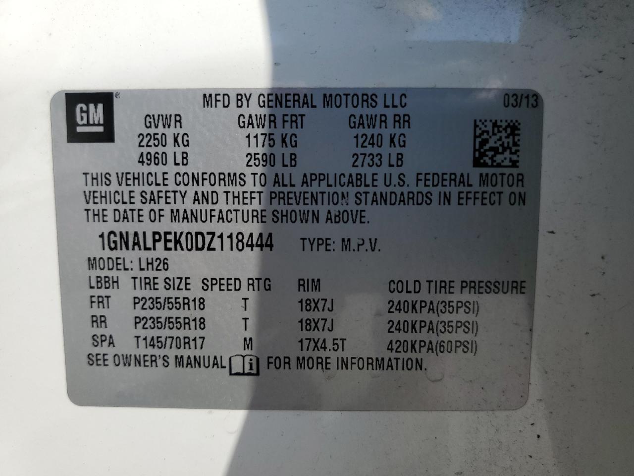 1GNALPEK0DZ118444 2013 Chevrolet Equinox Lt