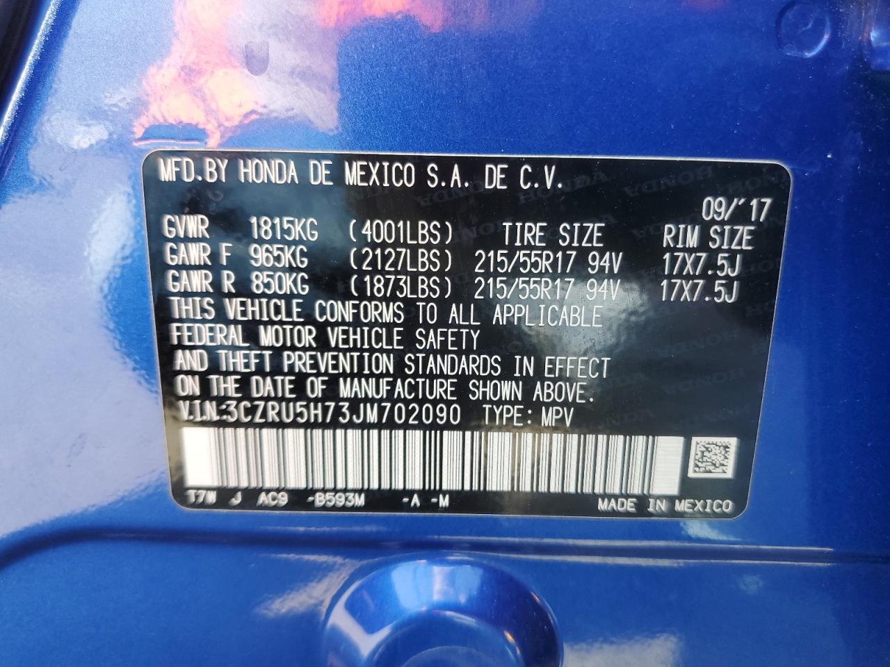 3CZRU5H73JM702090 2018 Honda Hr-V Exl