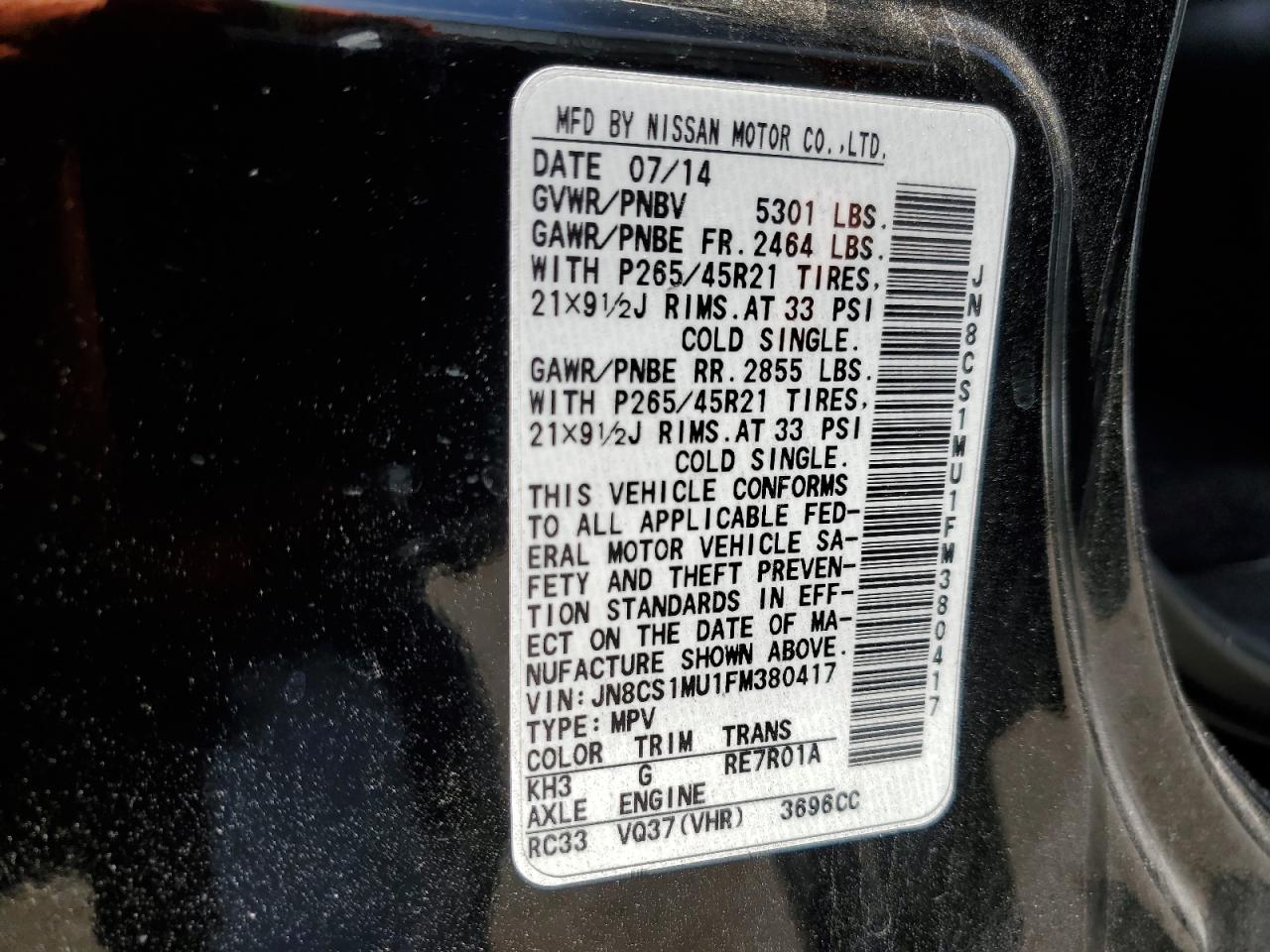 JN8CS1MU1FM380417 2015 Infiniti Qx70