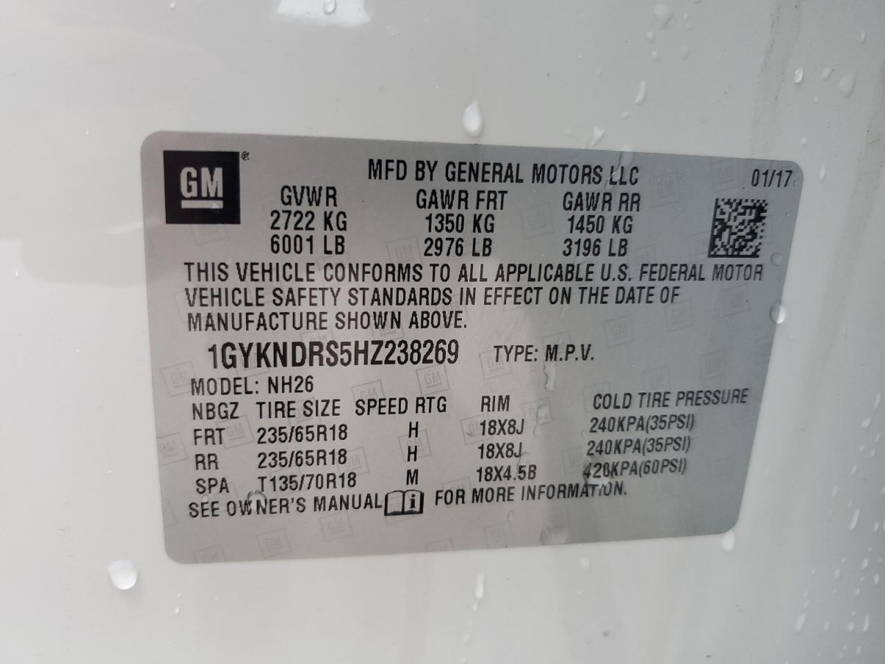 1GYKNDRS5HZ238269 2017 Cadillac Xt5 Luxury