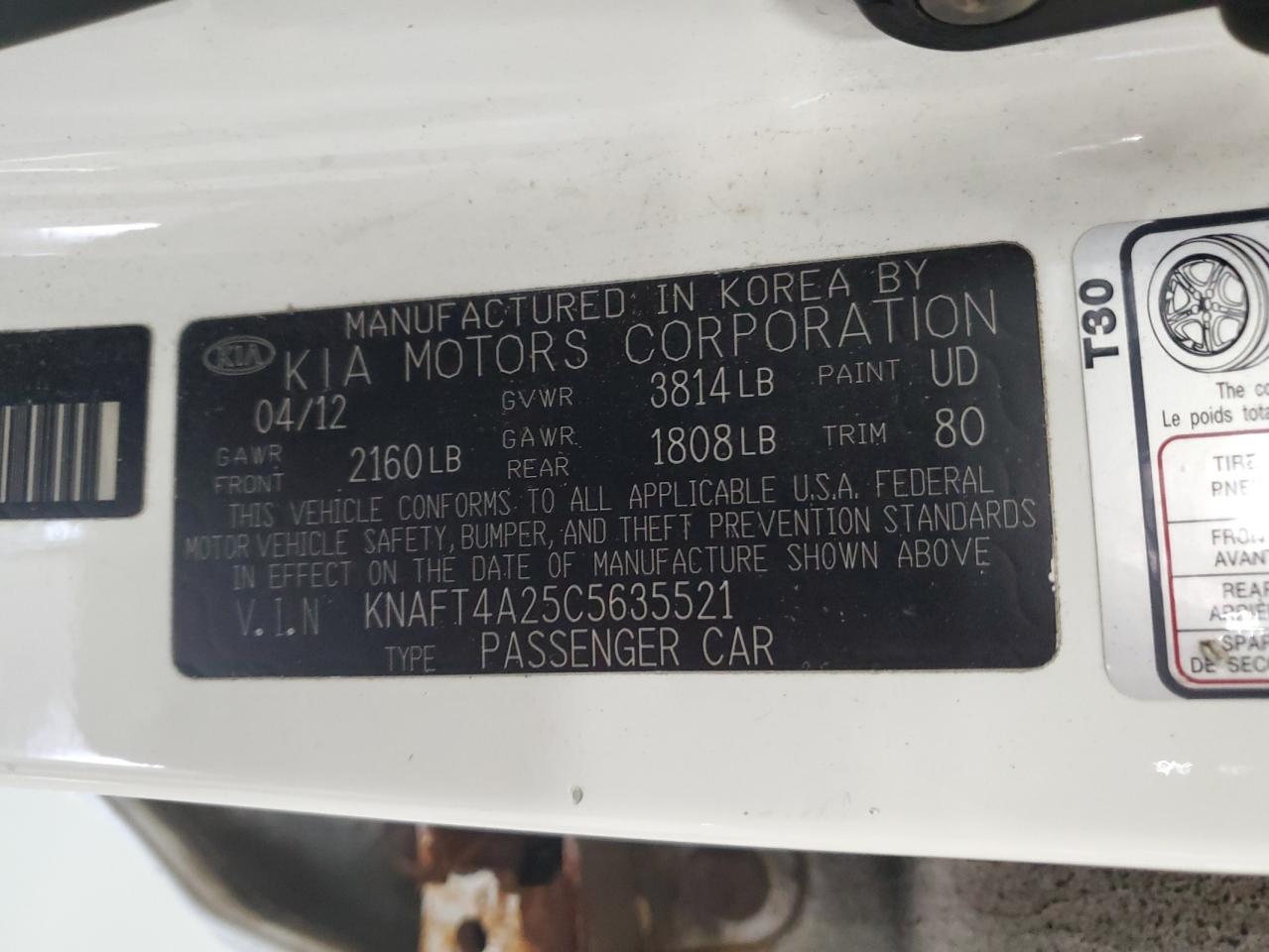 KNAFT4A25C5635521 2012 Kia Forte Lx