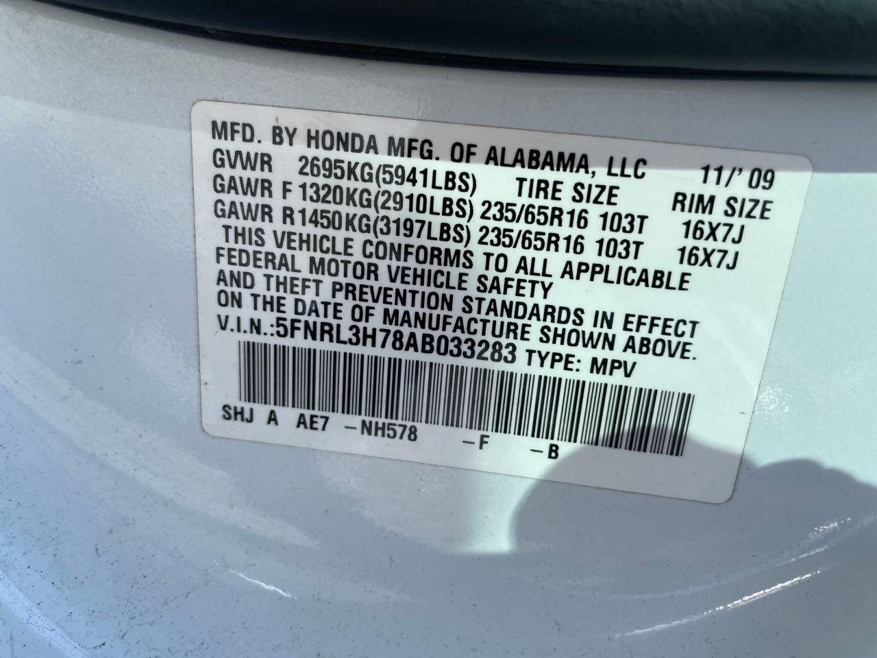 5FNRL3H78AB033283 2010 Honda Odyssey Exl