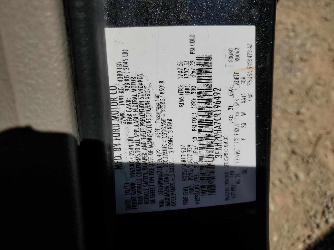 3FAHP0HA7CR196492 2012 Ford Fusion Se