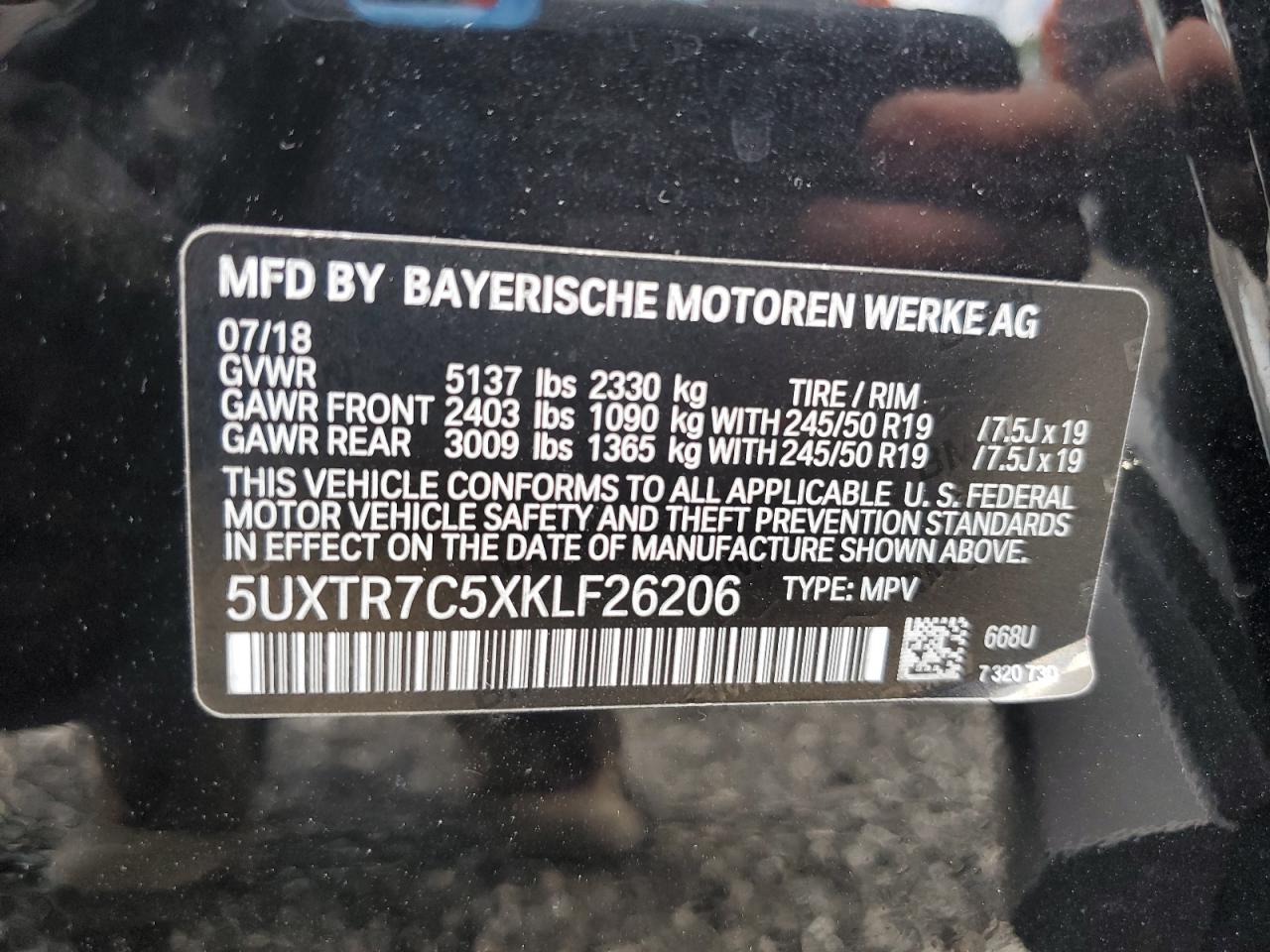 5UXTR7C5XKLF26206 2019 BMW X3 Sdrive30I