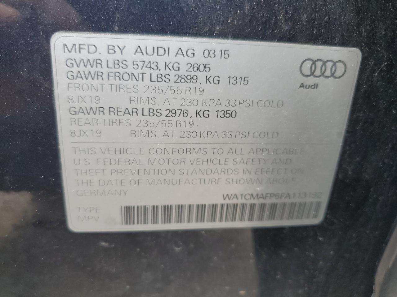 WA1CMAFP5FA113192 2015 Audi Q5 Tdi Premium Plus