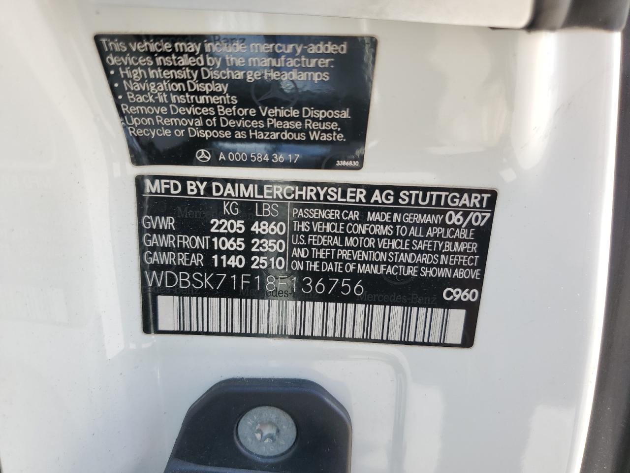 WDBSK71F18F136756 2008 Mercedes-Benz Sl 550