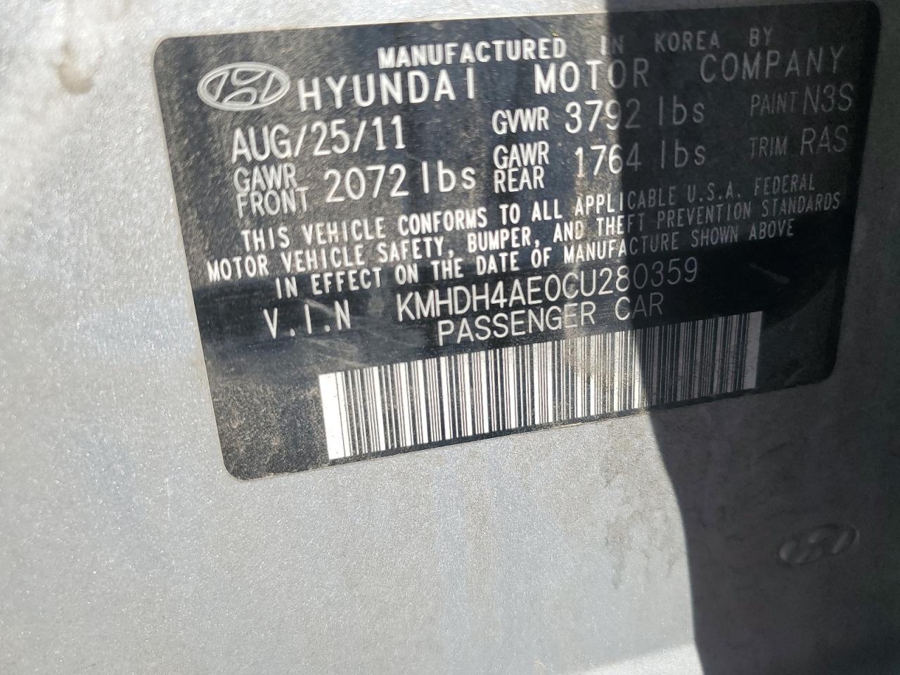 KMHDH4AE0CU280359 2012 Hyundai Elantra Gls