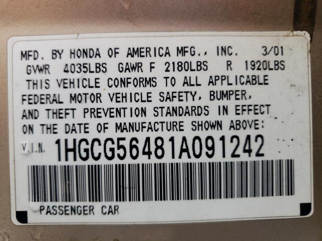 2001 Honda Accord Lx VIN: 1HGCG56481A091242 Lot: 59065004