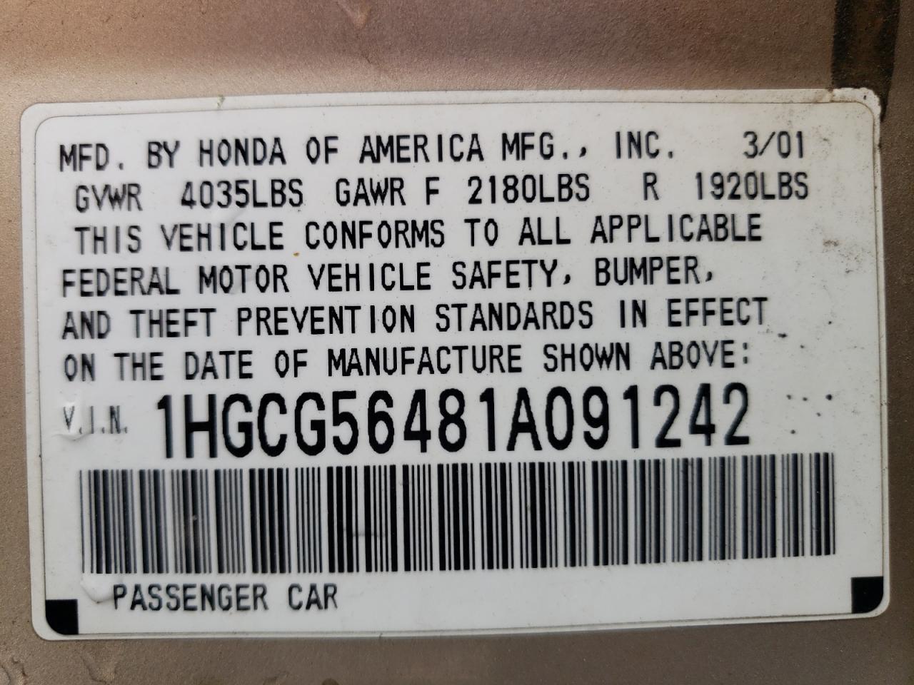 1HGCG56481A091242 2001 Honda Accord Lx