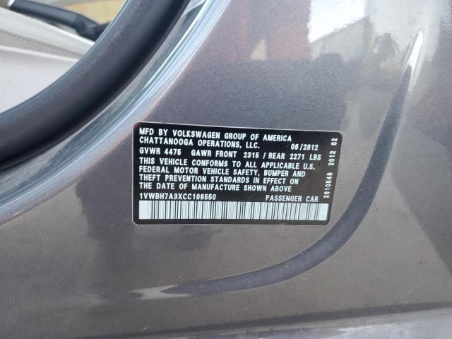 2012 Volkswagen Passat Se VIN: 1VWBH7A3XCC108550 Lot: 59410764