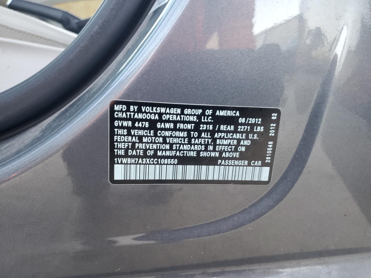 1VWBH7A3XCC108550 2012 Volkswagen Passat Se