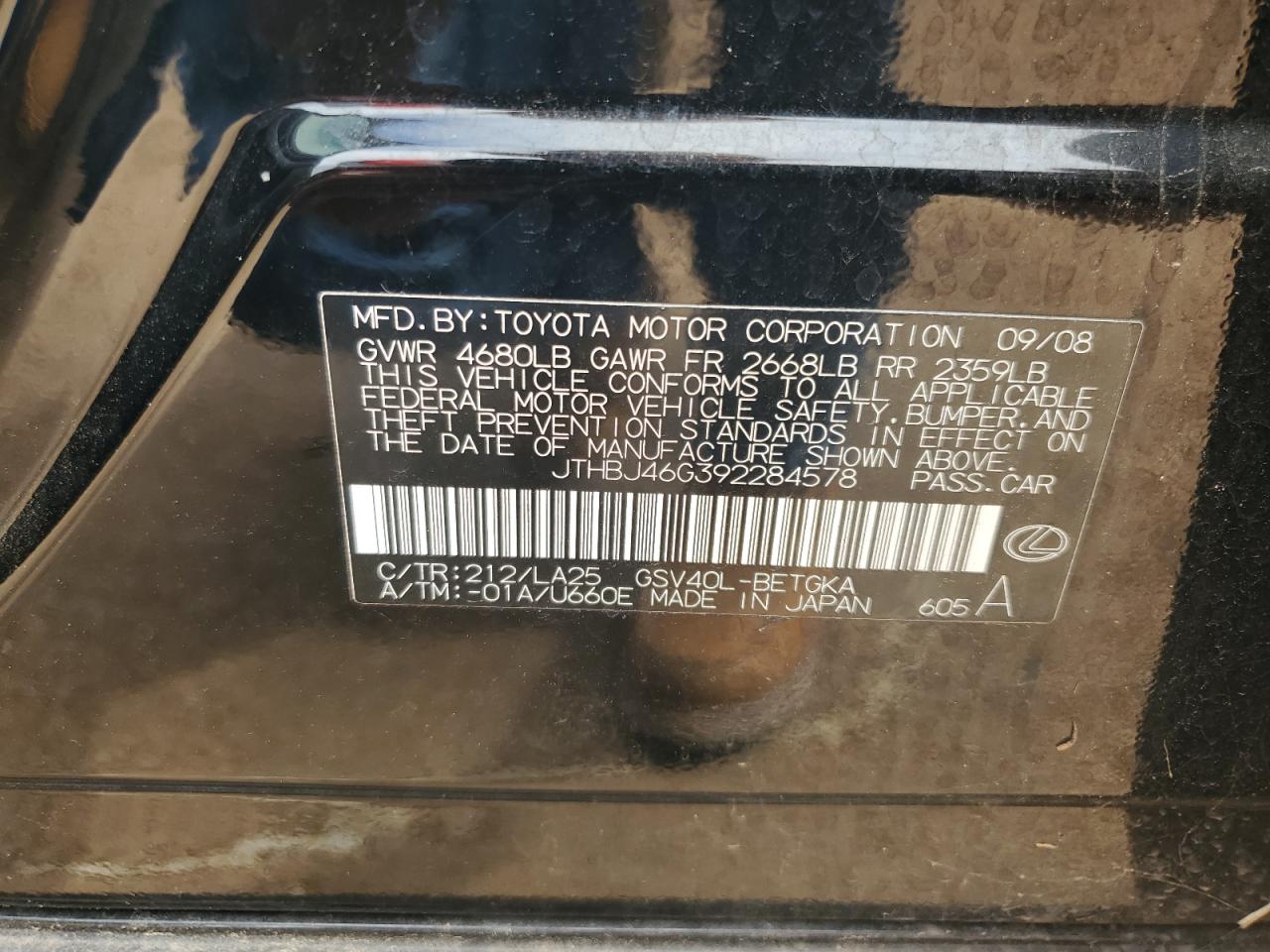 JTHBJ46G392284578 2009 Lexus Es 350