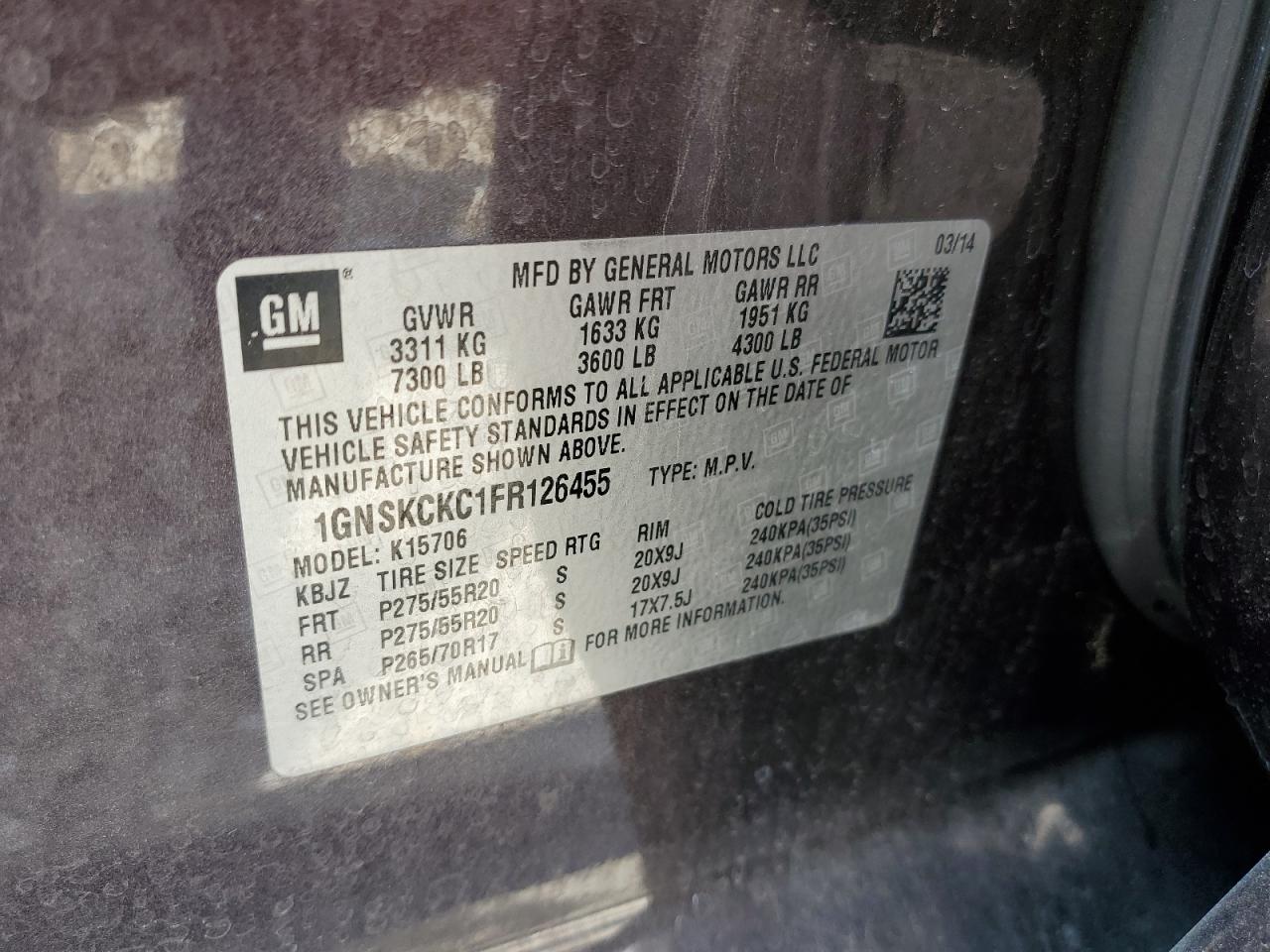 1GNSKCKC1FR126455 2015 Chevrolet Tahoe K1500 Ltz