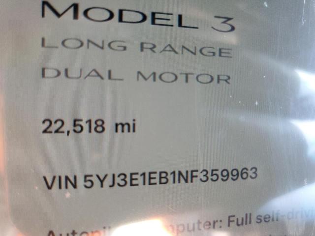 2022 Tesla Model 3 VIN: 5YJ3E1EB1NF359963 Lot: 59125474