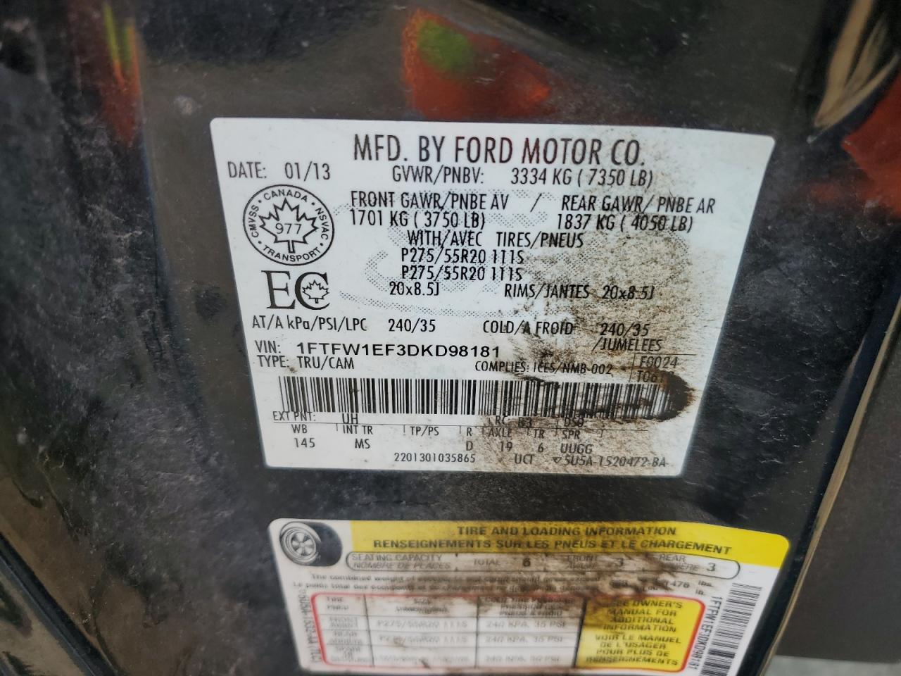 1FTFW1EF3DKD98181 2013 Ford F150 Supercrew