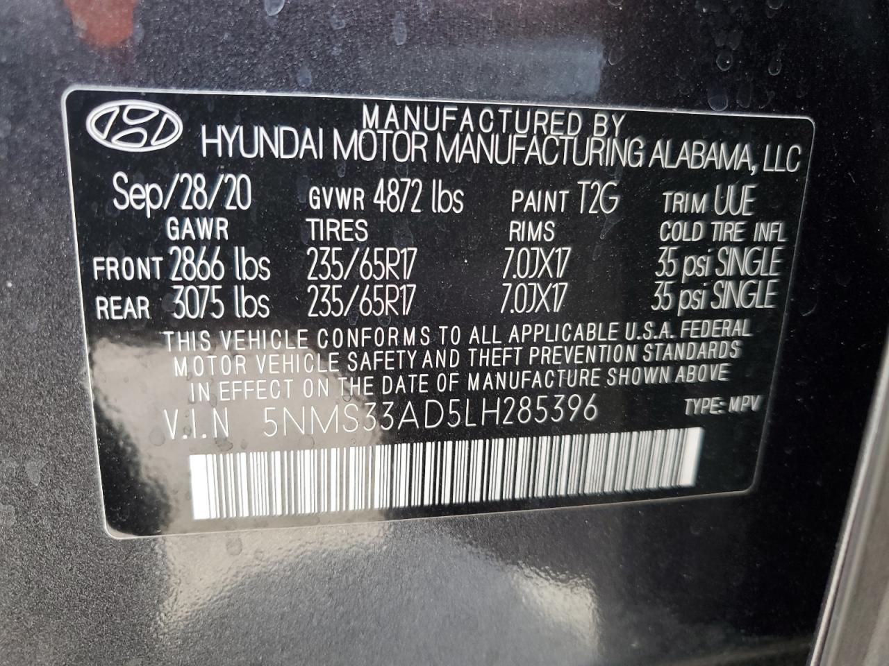5NMS33AD5LH285396 2020 Hyundai Santa Fe Sel