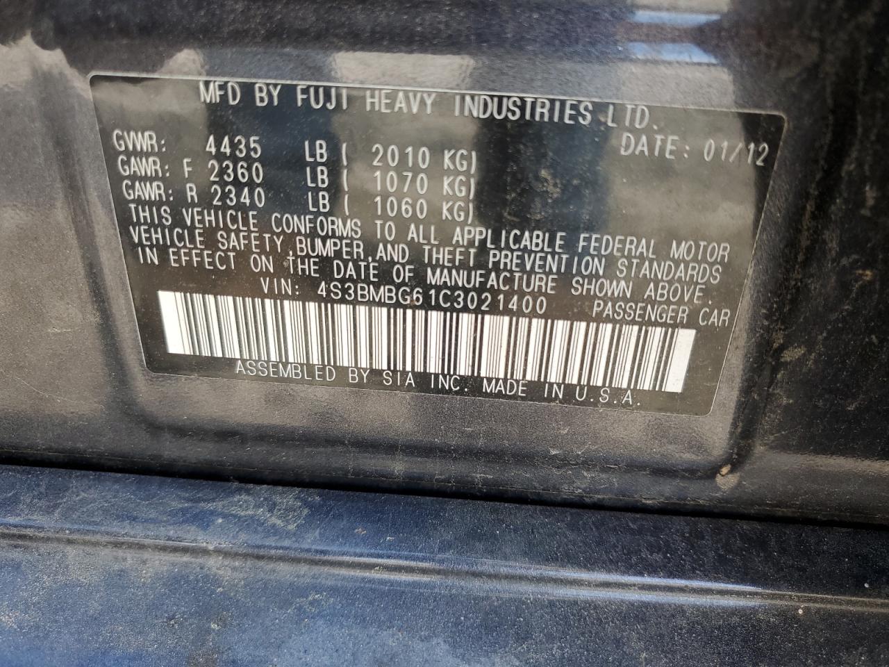 4S3BMBG61C3021400 2012 Subaru Legacy 2.5I Premium