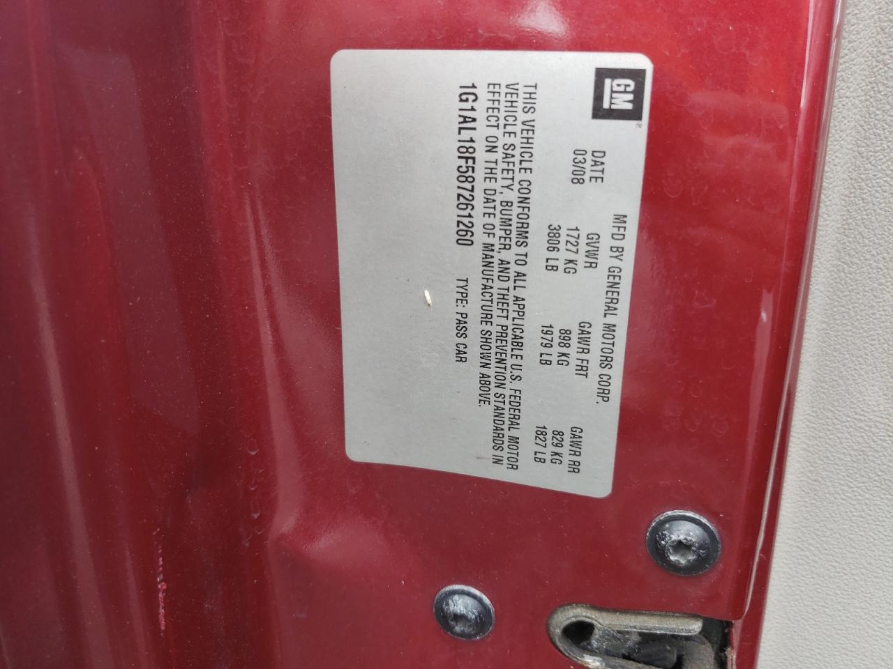 1G1AL18F587261260 2008 Chevrolet Cobalt Lt