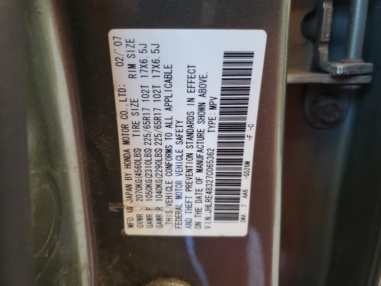 JHLRE48327C065362 2007 Honda Cr-V Lx