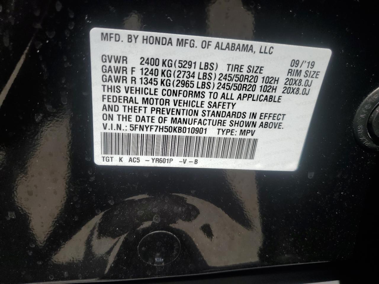 5FNYF7H50KB010901 2019 Honda Passport Exl