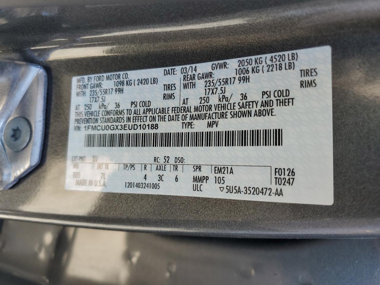 1FMCU0GX3EUD10188 2014 Ford Escape Se