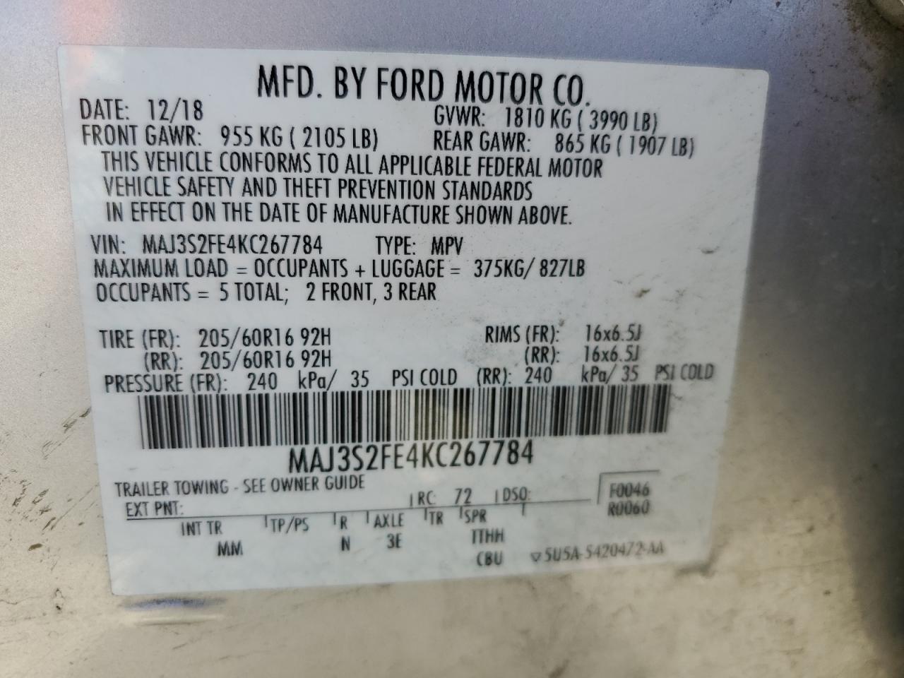 2019 Ford Ecosport S vin: MAJ3S2FE4KC267784