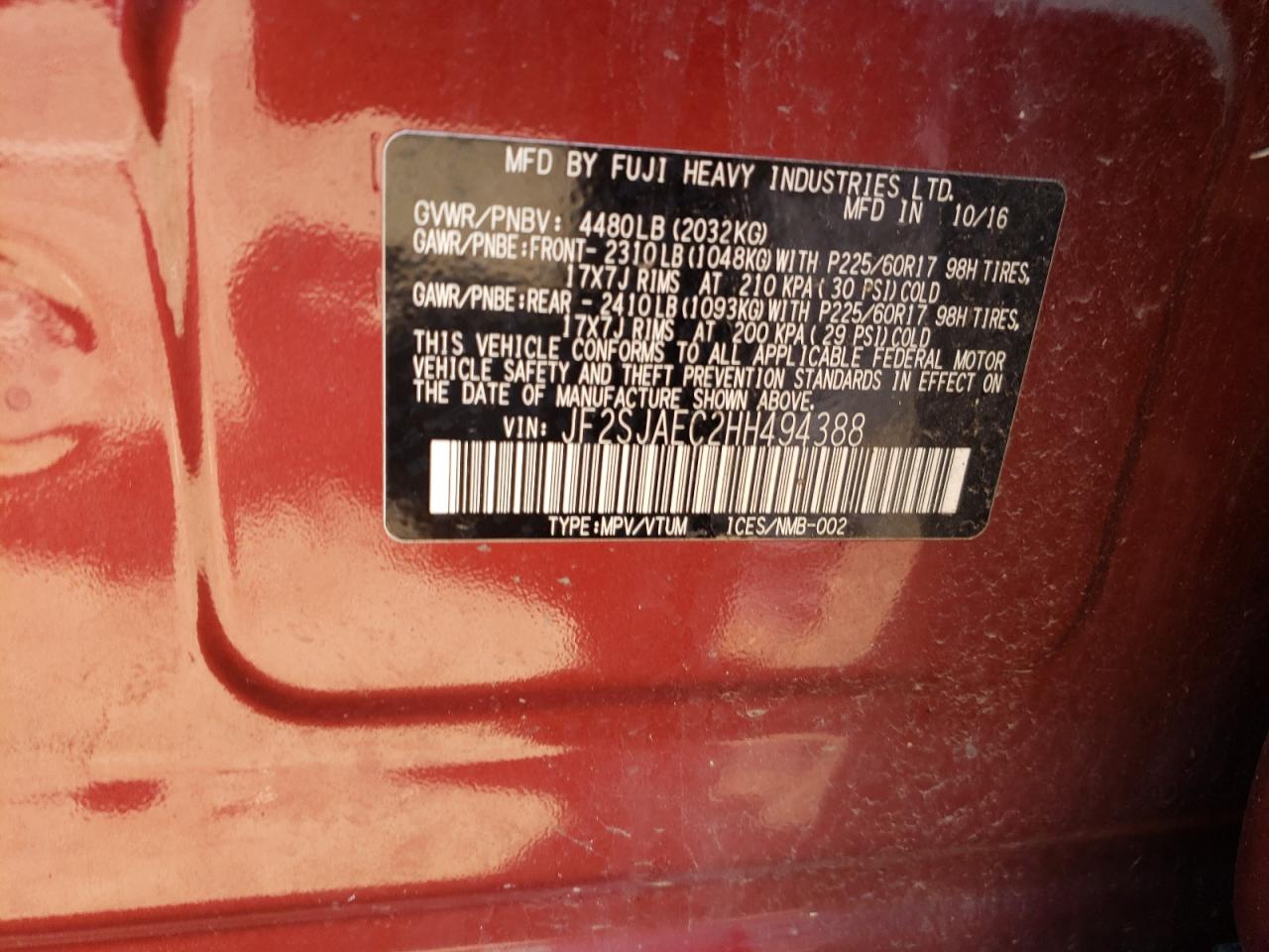 JF2SJAEC2HH494388 2017 Subaru Forester 2.5I Premium