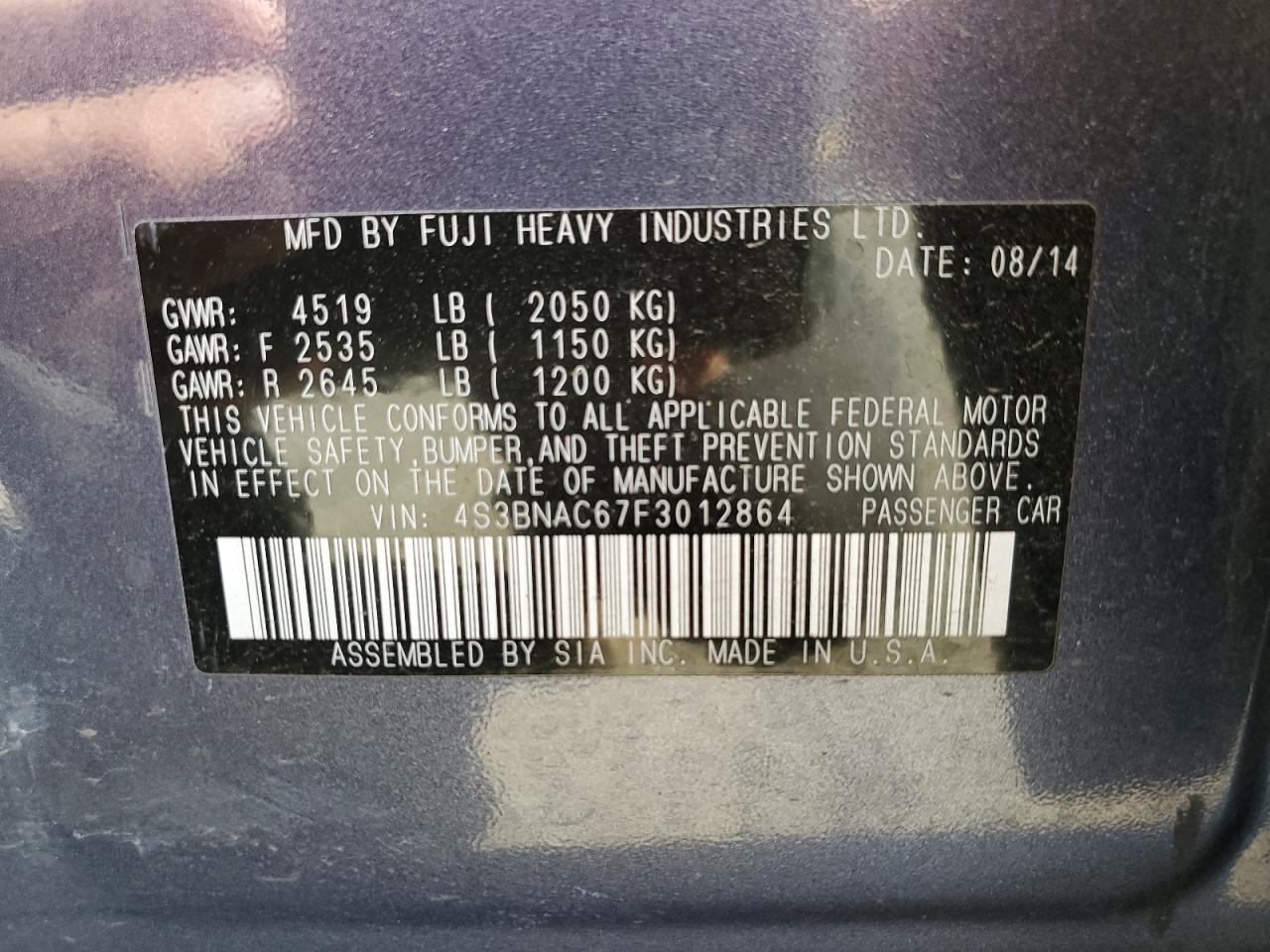 4S3BNAC67F3012864 2015 Subaru Legacy 2.5I Premium