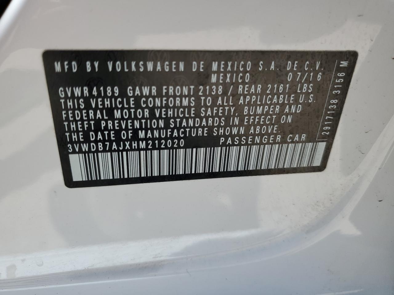 3VWDB7AJXHM212020 2017 Volkswagen Jetta Se