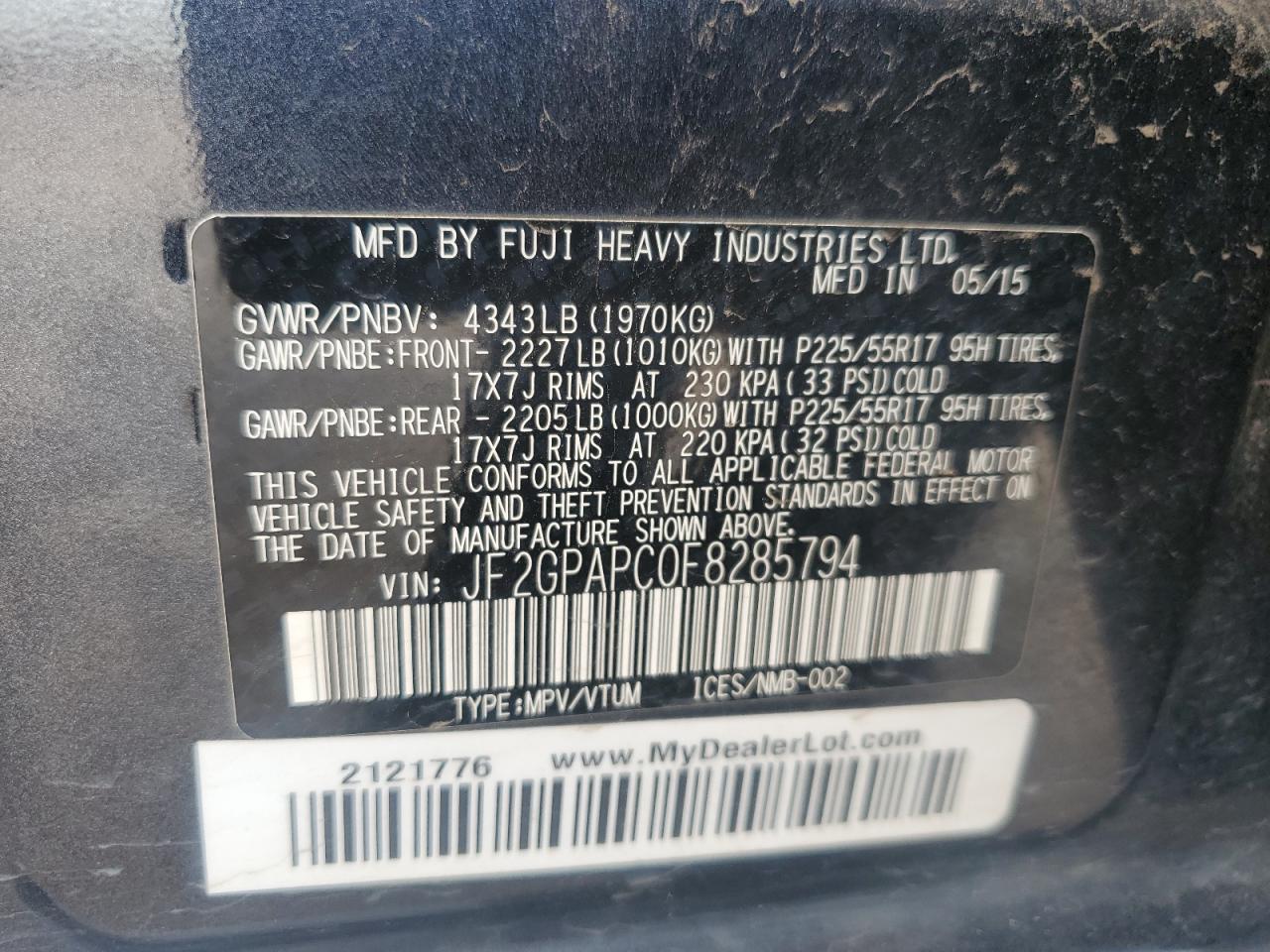 JF2GPAPC0F8285794 2015 Subaru Xv Crosstrek 2.0 Limited