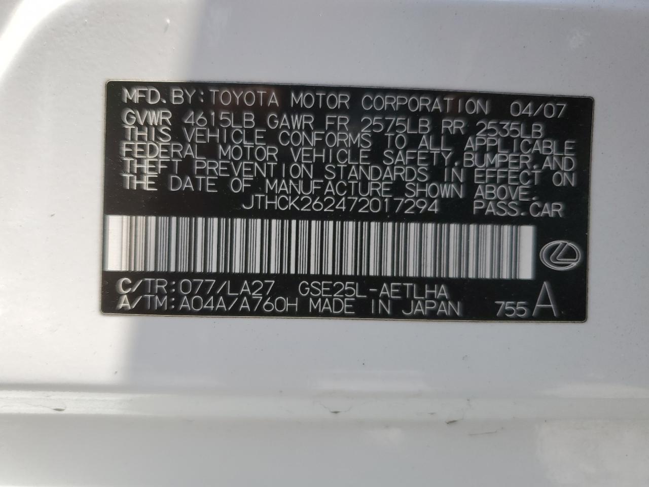 JTHCK262472017294 2007 Lexus Is 250